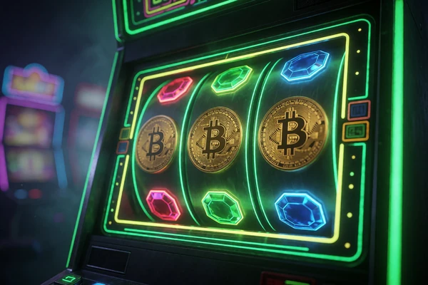 Neon-Slot-Machine mit leuchtenden Walzen und Bitcoin-Symbolen - Krypto Slots bei Jack Casino