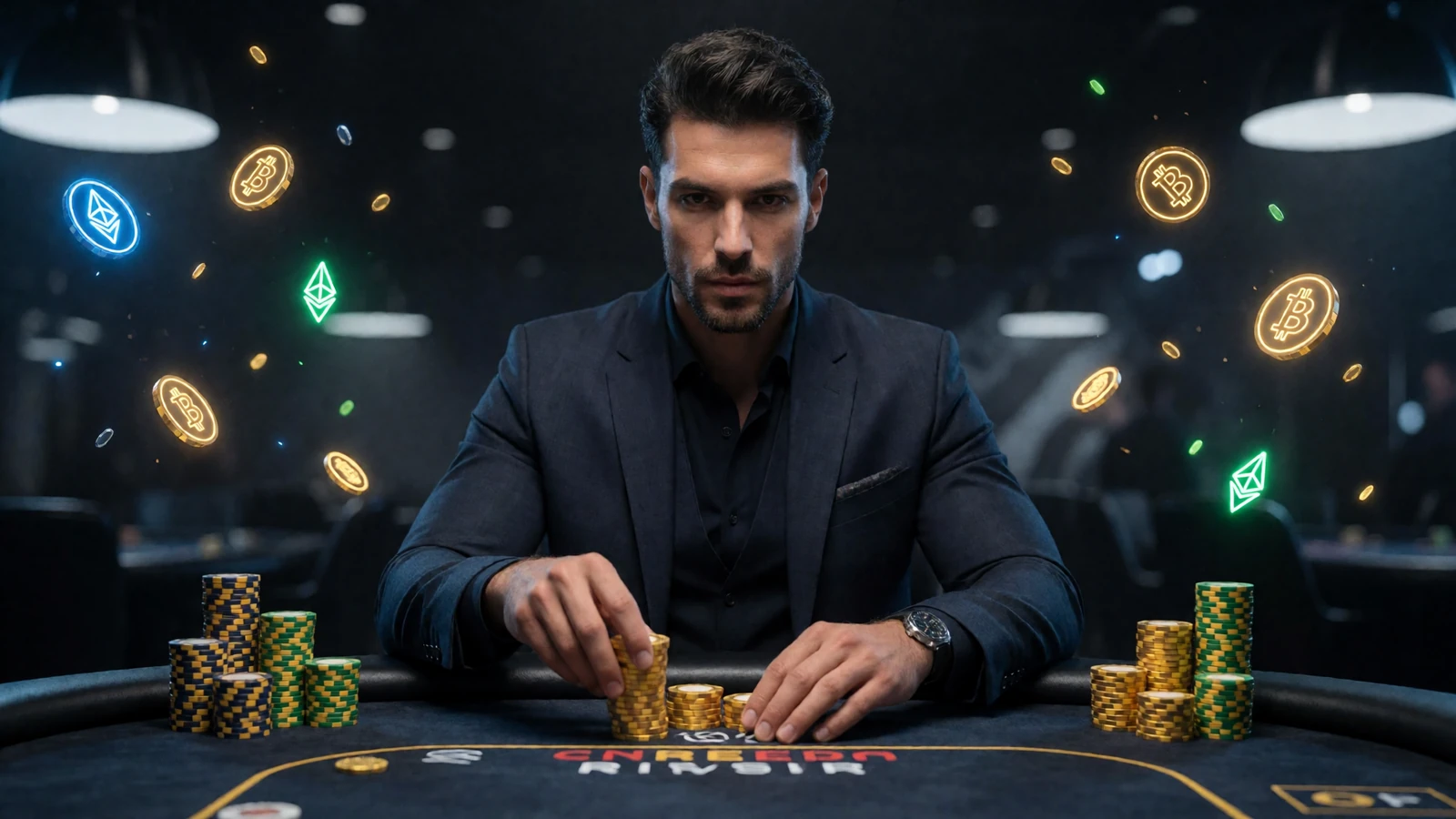 Stilvoller Mann am High-End-Pokertisch in einer Neon-Casino-Lounge mit schwebenden Krypto-M&uuml;nzen - Casino Spiele bei Jack Casino