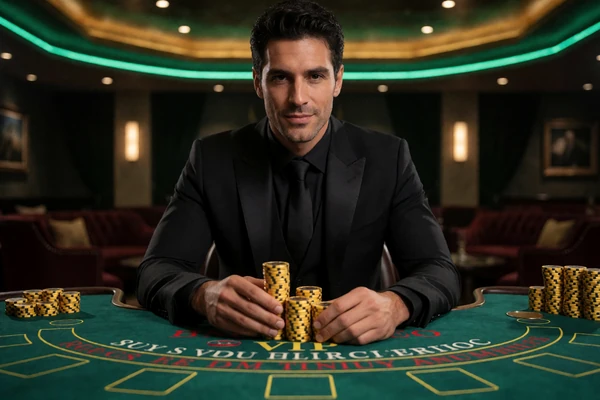 Mann im schwarzen Anzug mit goldenen Jetons am VIP-Blackjack-Tisch - Casino Cashback und VIP-Programm