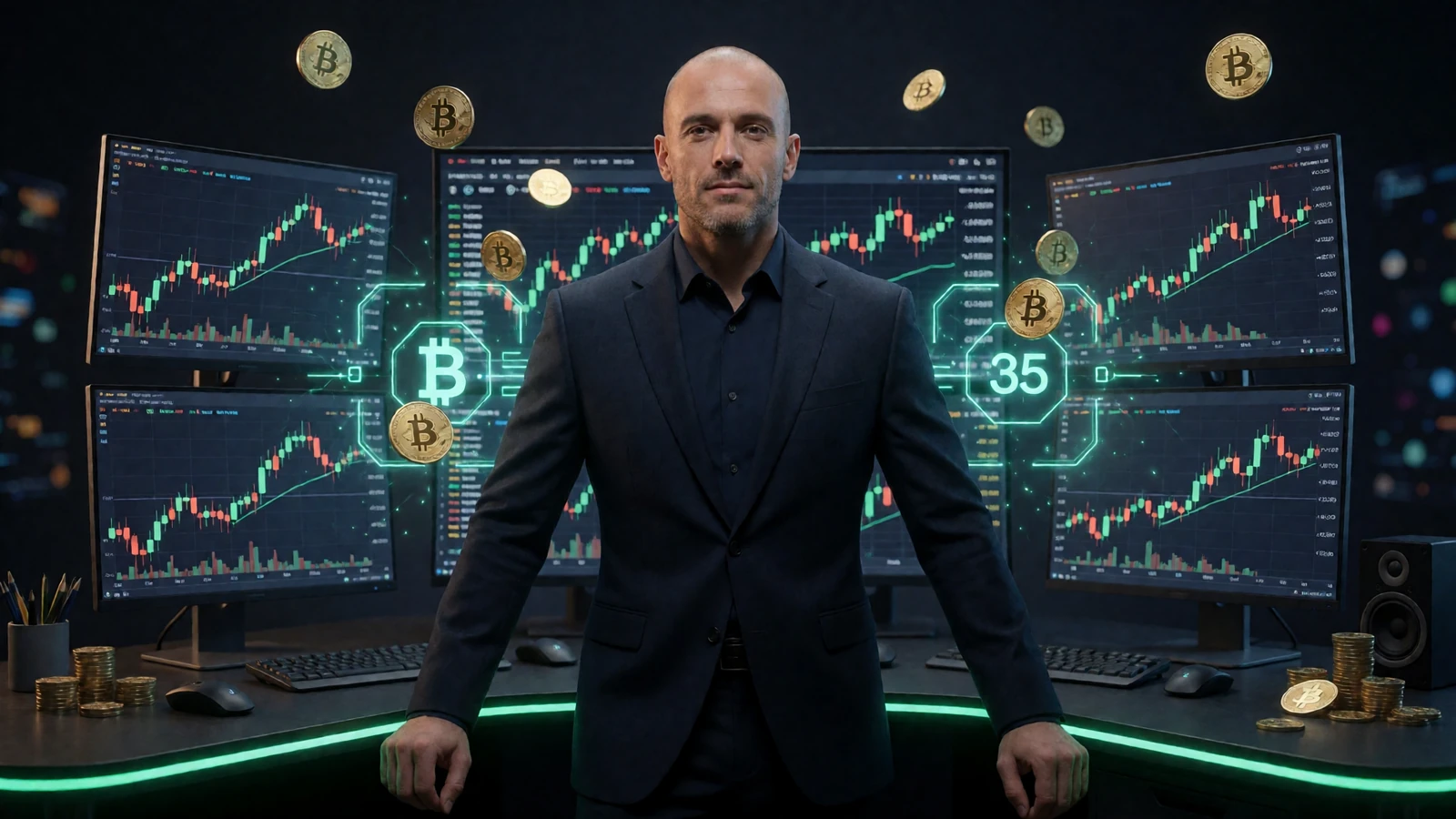 Mann im dunklen Anzug an einem Krypto-Trading-Desk mit Neon-Screens - Krypto Einzahlung Casino bei Jack