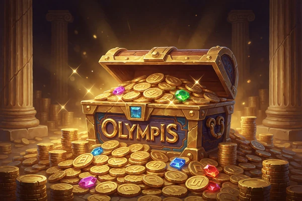Goldener Slot im Olymp-Stil mit Goldm&uuml;nzen und Edelsteinen - Gates of Olympus Krypto Slot bei Jack Casino