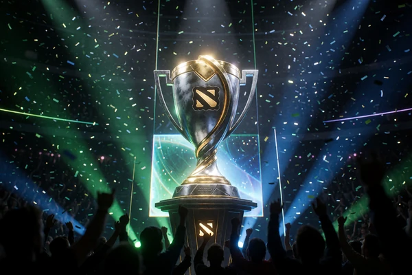 Leuchtende Dota-2-Meisterschaftstroph&auml;e auf einer dunklen Esports-B&uuml;hne - Dota 2 Wetten mit Krypto