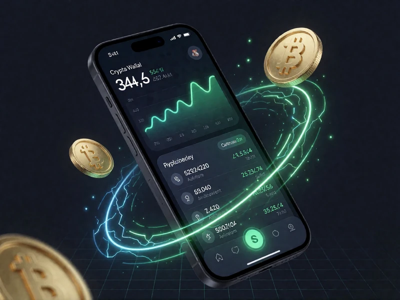 Smartphone mit Krypto-Wallet-Dashboard und schwebenden M&uuml;nzen - Wallet 2.0 On-Chain Tracking