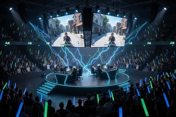 CS2-Turnierarena von oben mit zwei Teams und riesigen LED-Screens - Esports Wetten Bitcoin bei Jack Casino