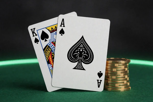 Blackjack-Karten Ass und K&ouml;nig auf gr&uuml;nem Filz mit goldenen Jetons - VIP Blackjack im Krypto Casino