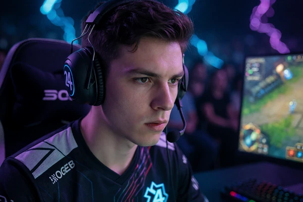 Konzentrierter League-of-Legends-Profi mit Headset im Neonlicht - LoL Live Wetten bei Jack Casino