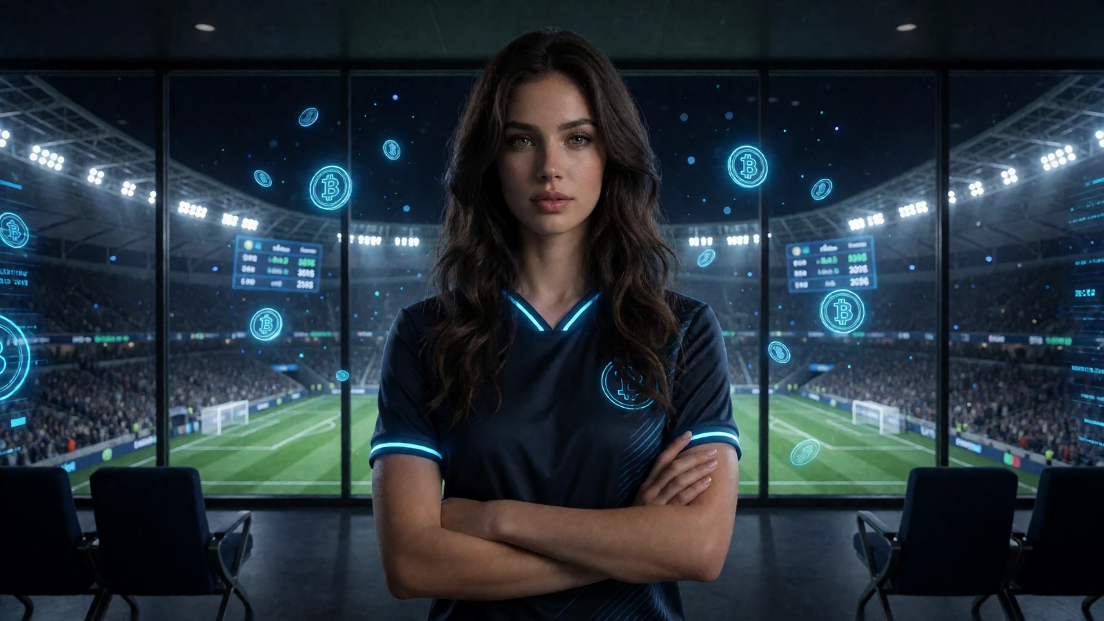 Stilvolle Frau im dunklen Sporttrikot in einer modernen Stadion-VIP-Suite mit Neon-Akzenten - Krypto Sportwetten bei Jack Casino