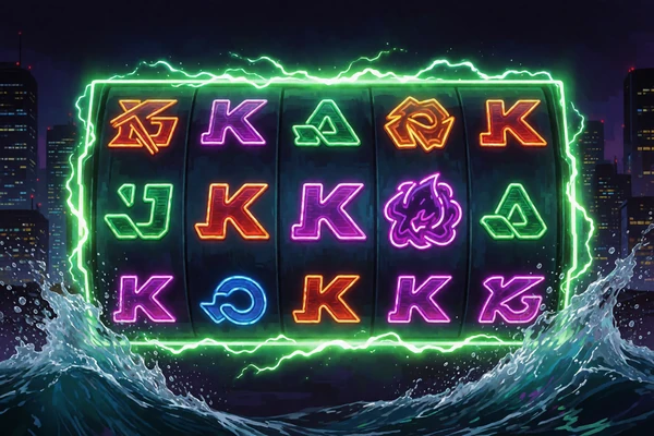 Neon-Cyberpunk-Slot mit leuchtenden Walzen und Wasser-Splash-Effekt - exklusiver Jack Splash Slot bei Jack Casino