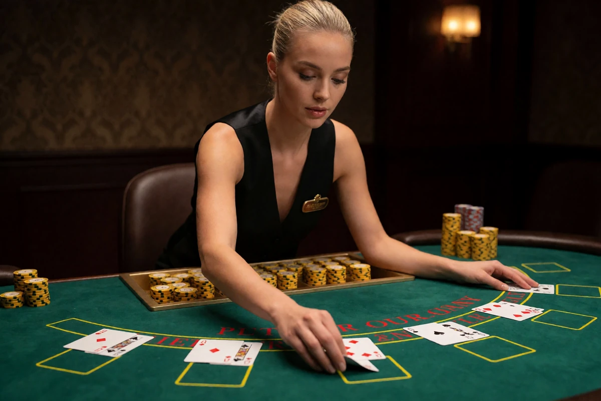 Live-Blackjack-Tisch mit eleganter Dealerin beim Kartengeben - Live Casino Bitcoin bei Jack Casino